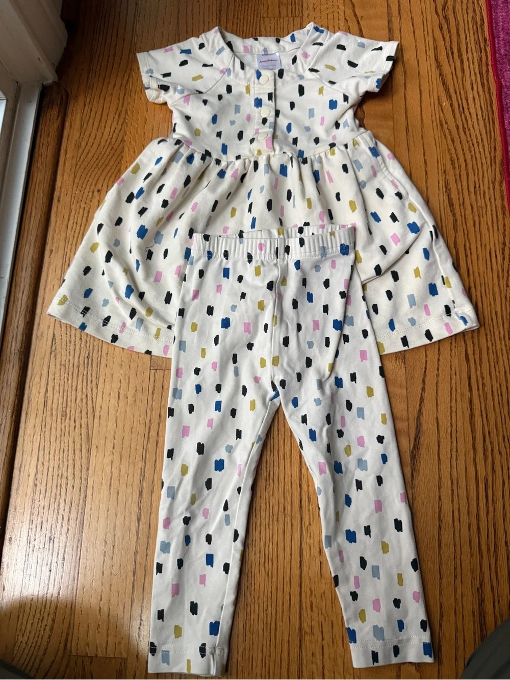 Hanna Andersson White Dress & Leggings Set with Blue, Pink, Black and Gold Dots